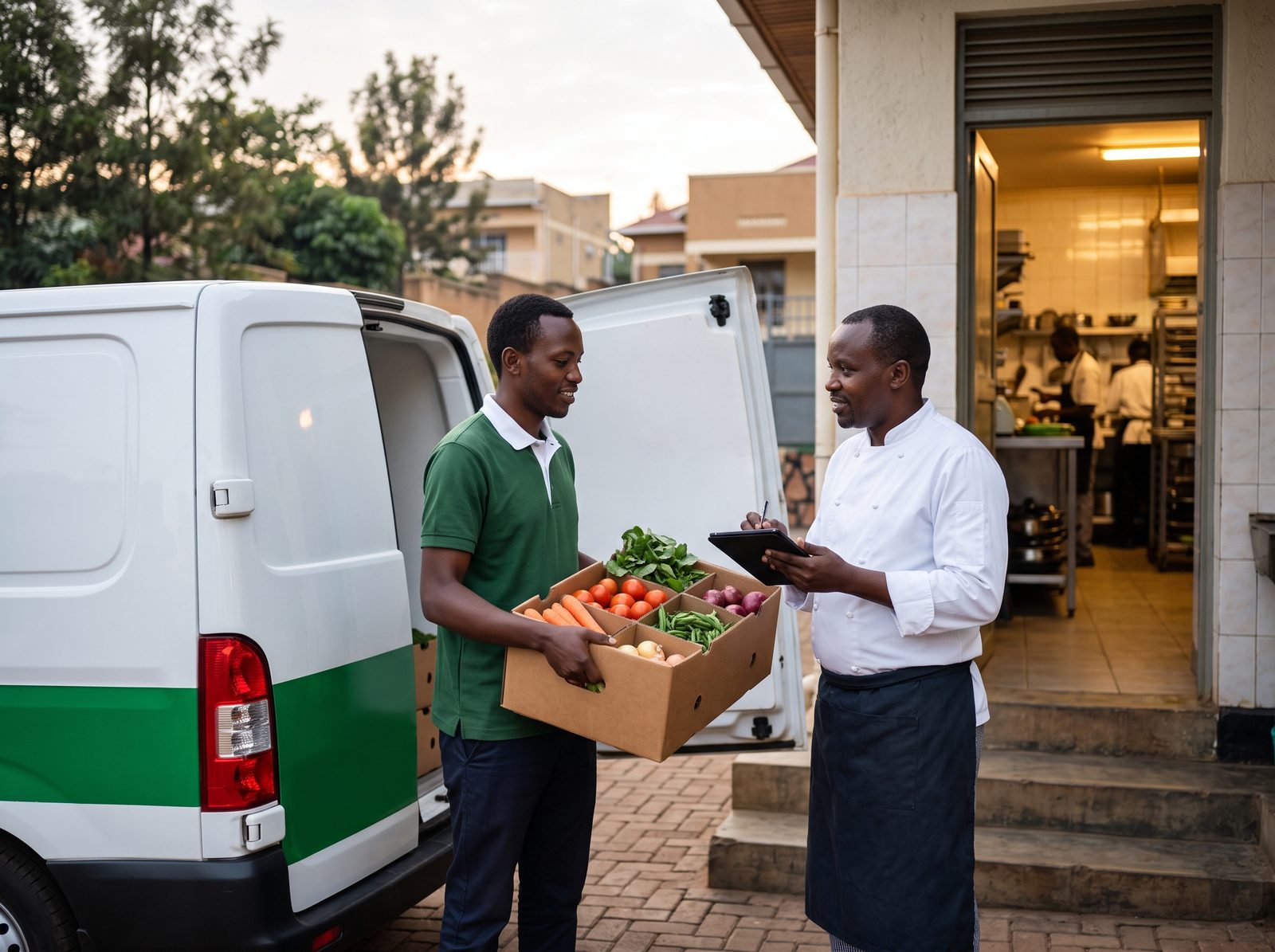 A chef receives a crate of graded vegetables at a restaurant back door at dawn
