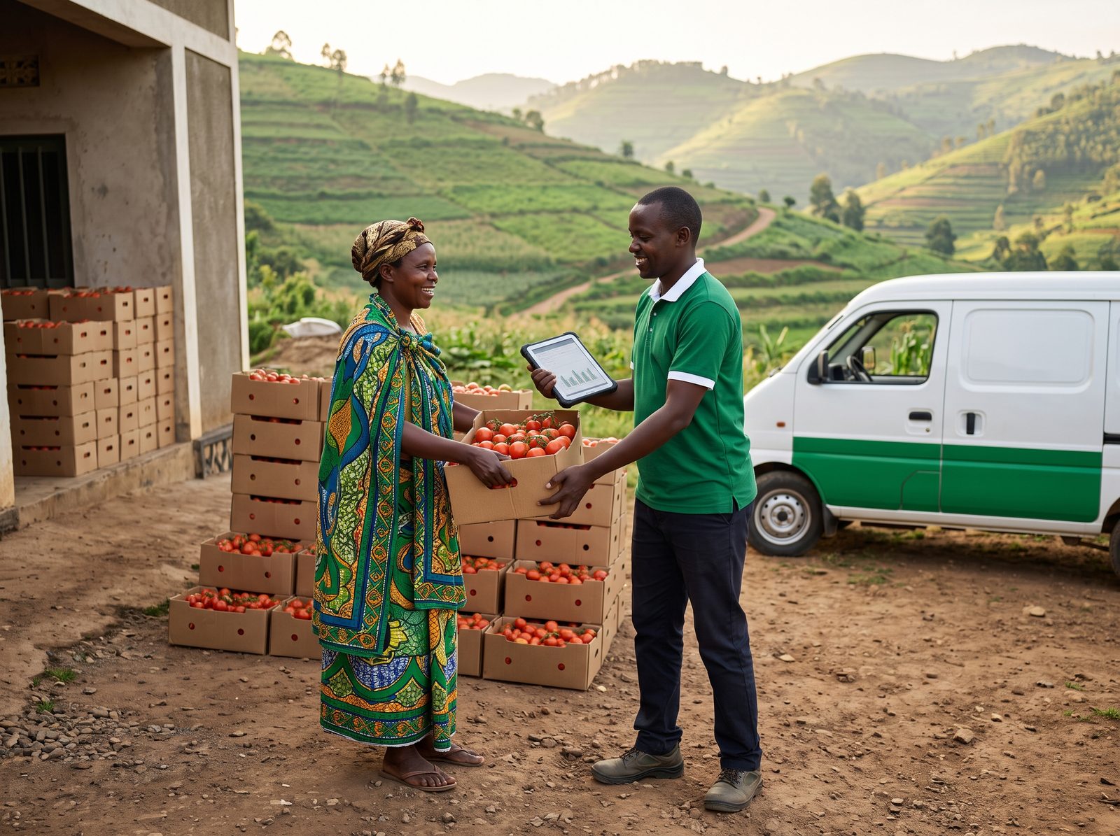 A cooperative farmer hands over a crate of tomatoes to a Noza Foods field officer