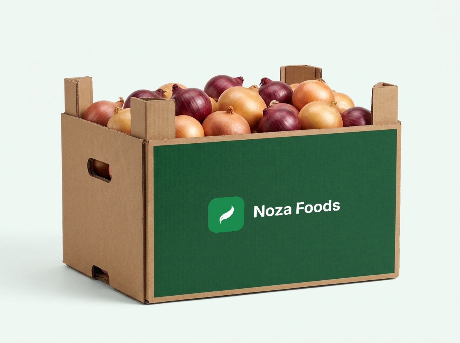 Red and golden onions with dry papery skins in a kraft cardboard display crate