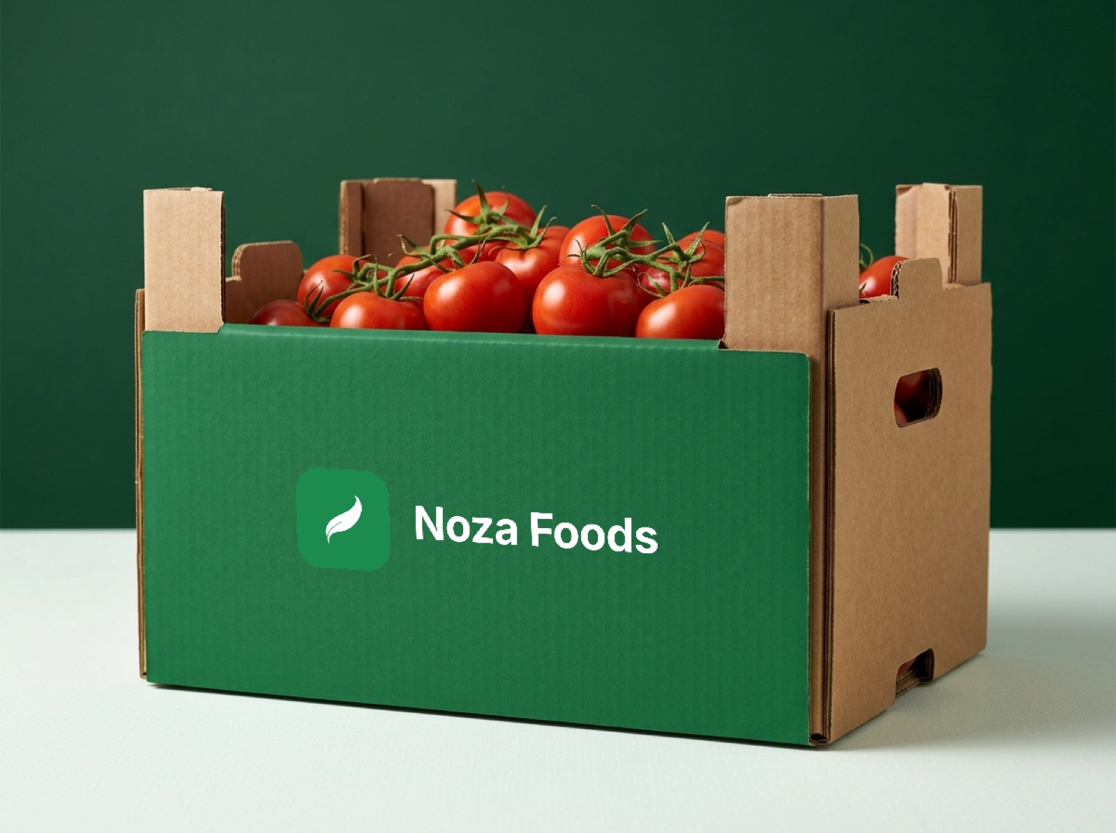 Ripe vine tomatoes in an open kraft cardboard display crate
