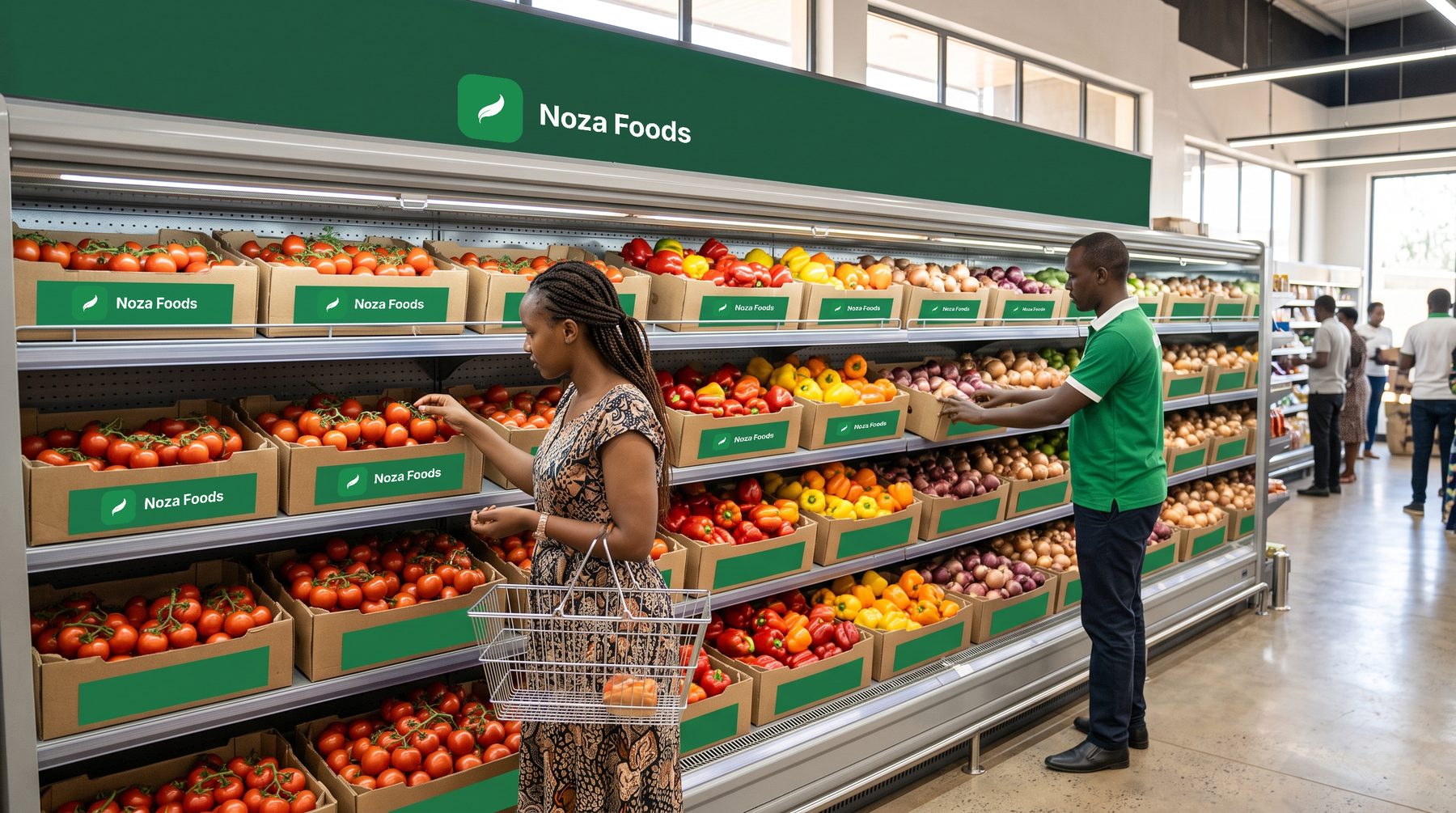 A supermarket produce bay stocked with Noza Foods kraft trays of tomatoes, peppers and onions