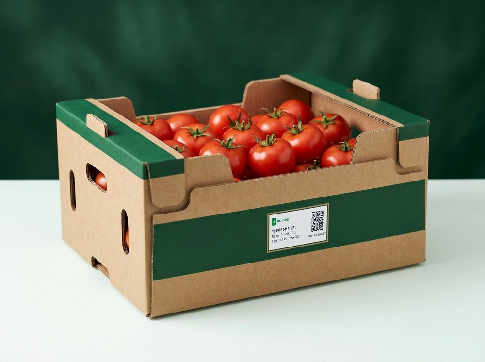 Bulk trade box label showing batch code and QR code