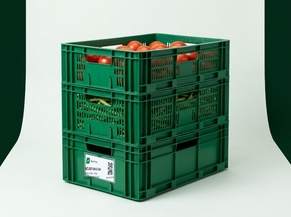 Crate label card showing batch code and QR code