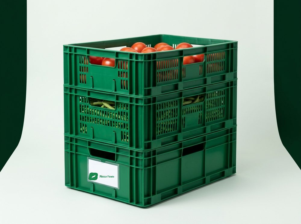 Stack of green returnable Noza Foods crates holding tomatoes and green beans
