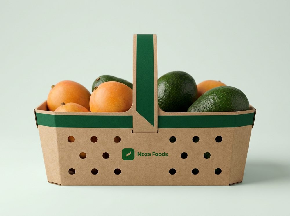 Kraft basket with carry handle holding mangoes and avocados