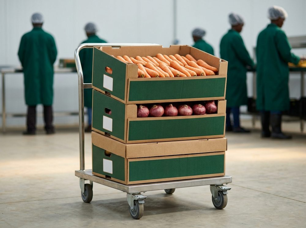 Three kraft trade boxes stacked squarely on a trolley in a packhouse, one holding carrots and one red onions, each filled below the rim