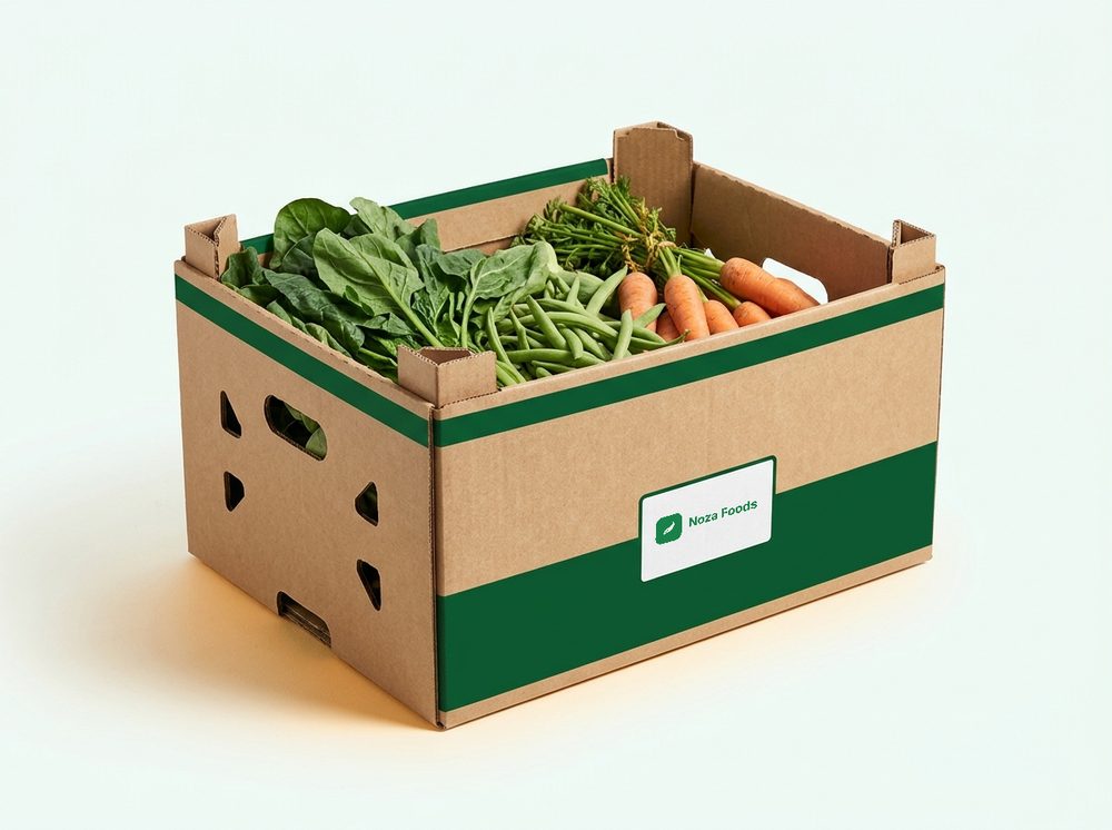 Corrugated kraft trade box of spinach, green beans and carrots with a green Noza Foods band