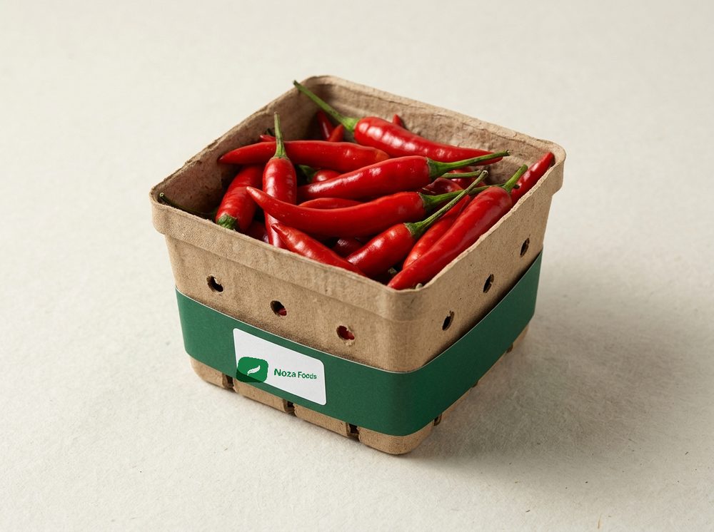 Moulded fibre punnet of red chillies with a green base band