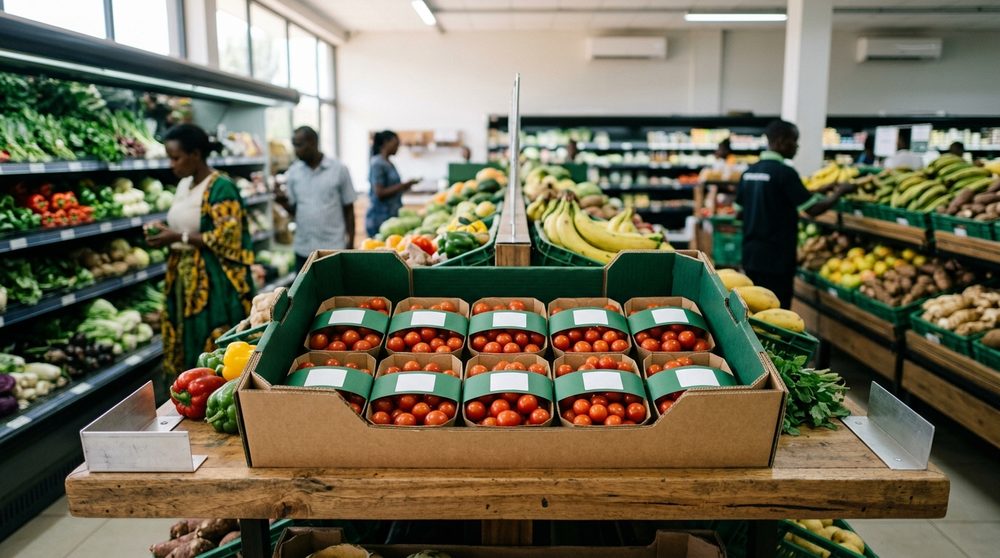 Shelf-ready display tray of banded packs in a supermarket produce aisle