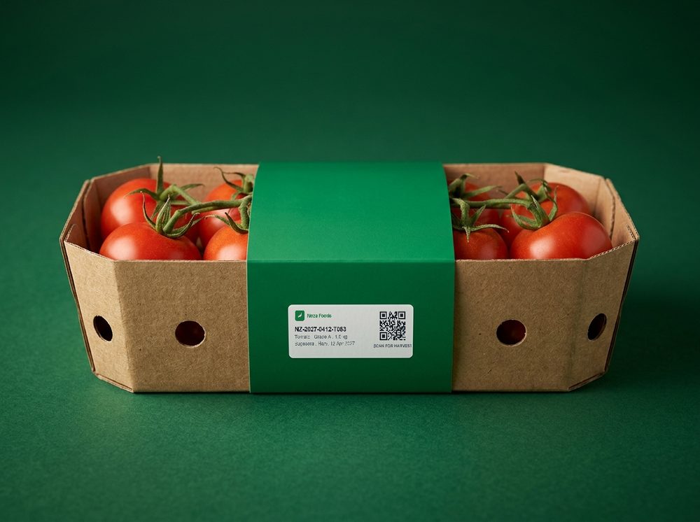 Retail tray label showing the Noza Foods lockup, batch code NZ-2027-0412-T083, produce details and a QR code